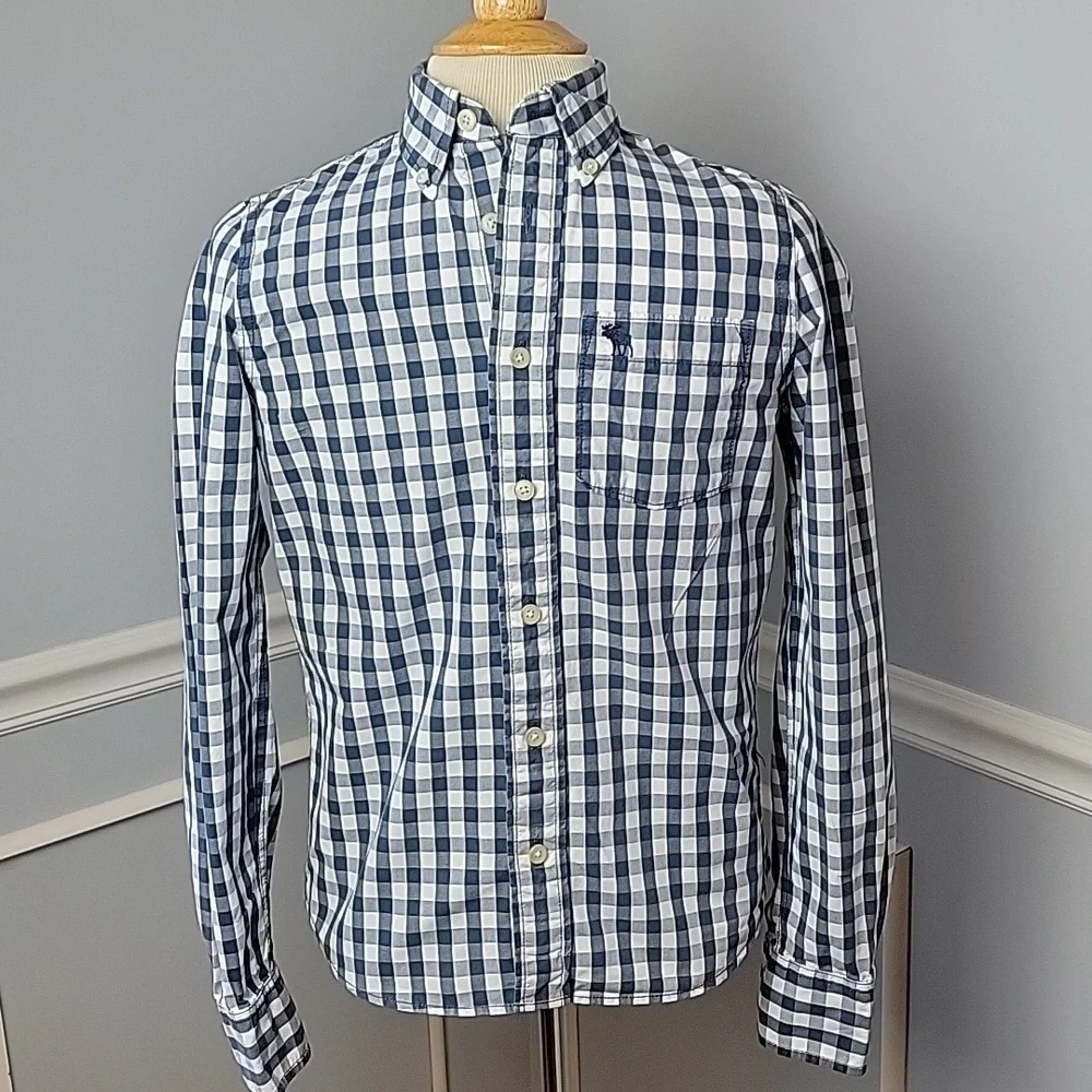 ABERCROMBIE Blue White‎ Gingham Muscle Fit Y2K Casual Preppy Button Down Shirt L